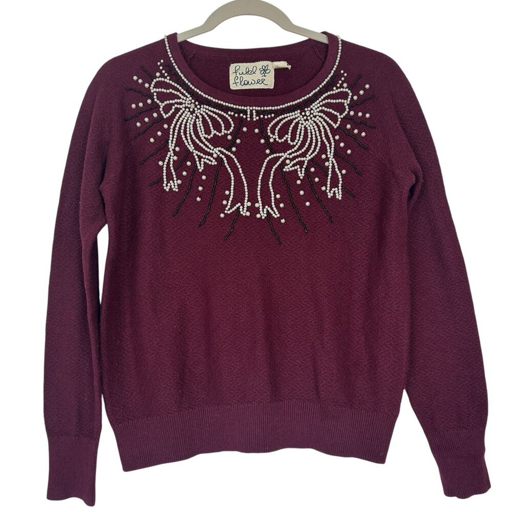 Anthropologie Field Flower Sweater Women Small Burgundy Pearl Bow Embellished